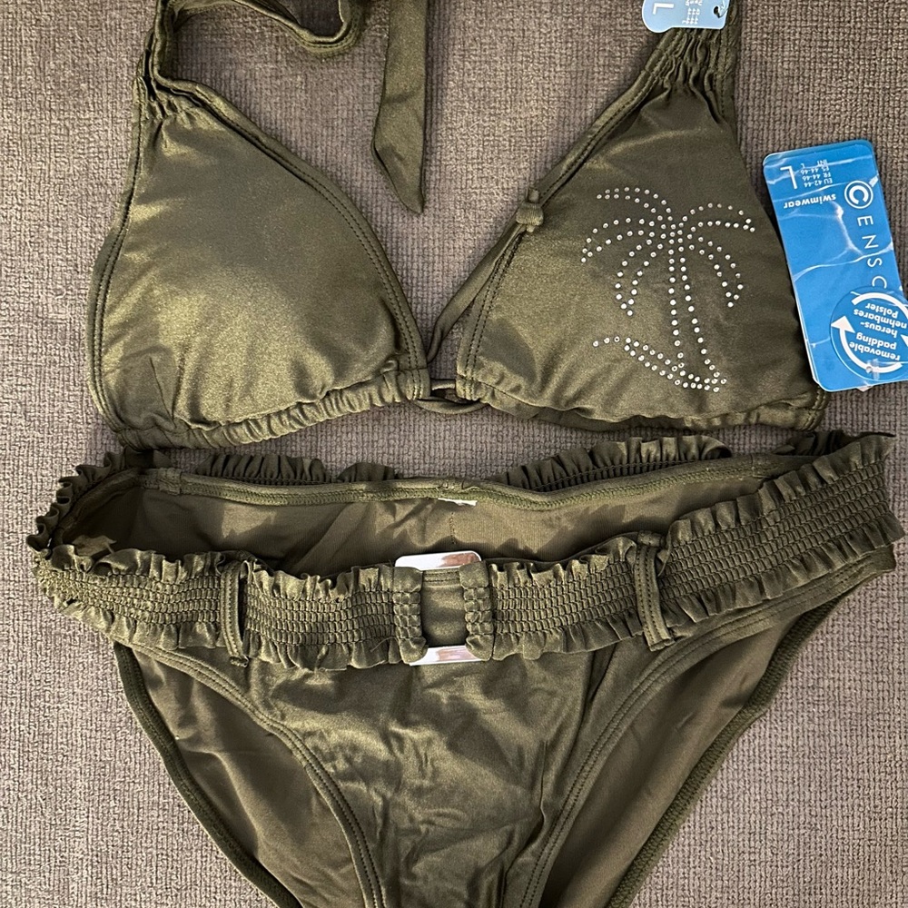 NWT  Censored  Olive green Halter top has crystal palm tree, Bikini bottoms - Picture 2 of 2